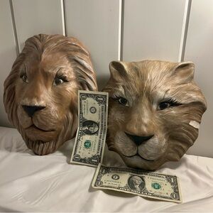 MCM Lion Lioness art SET face head figure 3D brown vintage cat ceramic wall art